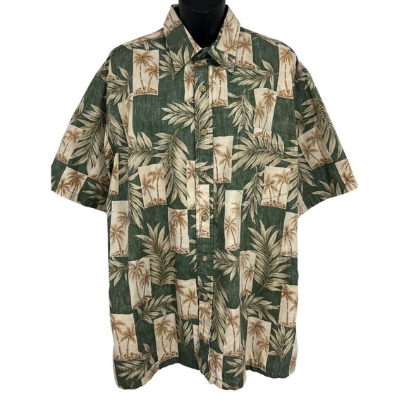 ONO & Company Hawaiian Button-Up Shirt Large L Palm Leaf Print Green Cream Mens - Picture 1 of 8
